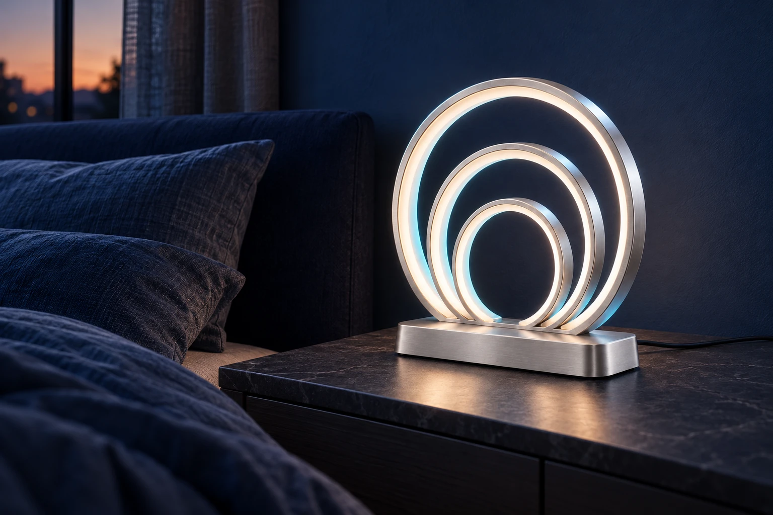 Zenytology orbital light illuminating a dark contemporary living space