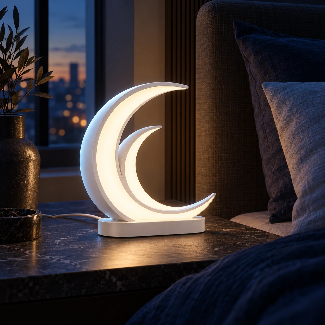 Sculptural night lighting on a contemporary bedside table